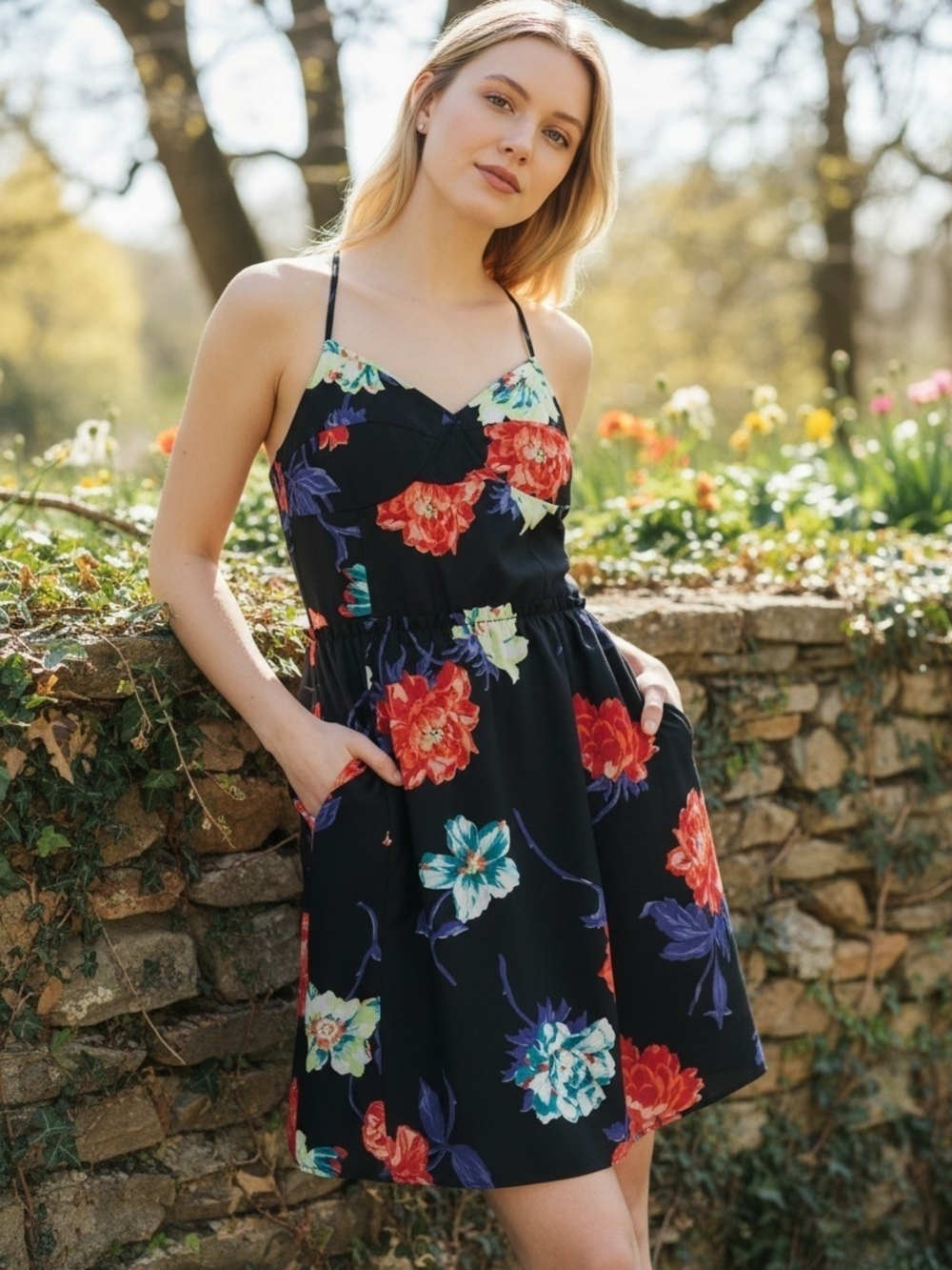 American Eagle Outfitters Black Floral Spaghetti-Strap Mini Dress With Crossback